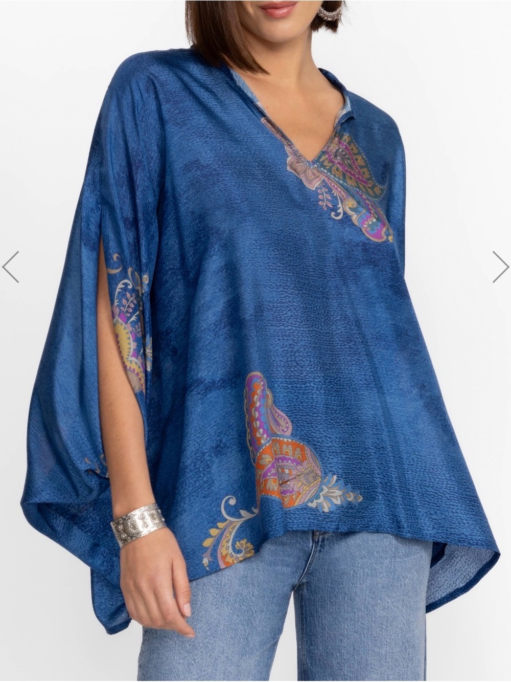 Johnny Was Sascha Paisley Spray Blue 💯 Silk Poncho Size S/M Sku# 39